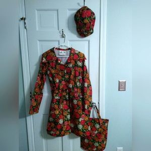 Vintage style flowered raincoat with matching bag and bucket hat